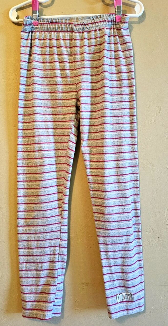 DKNY Leggings girls 6X gray, pink striped, logo, casual, stretchy